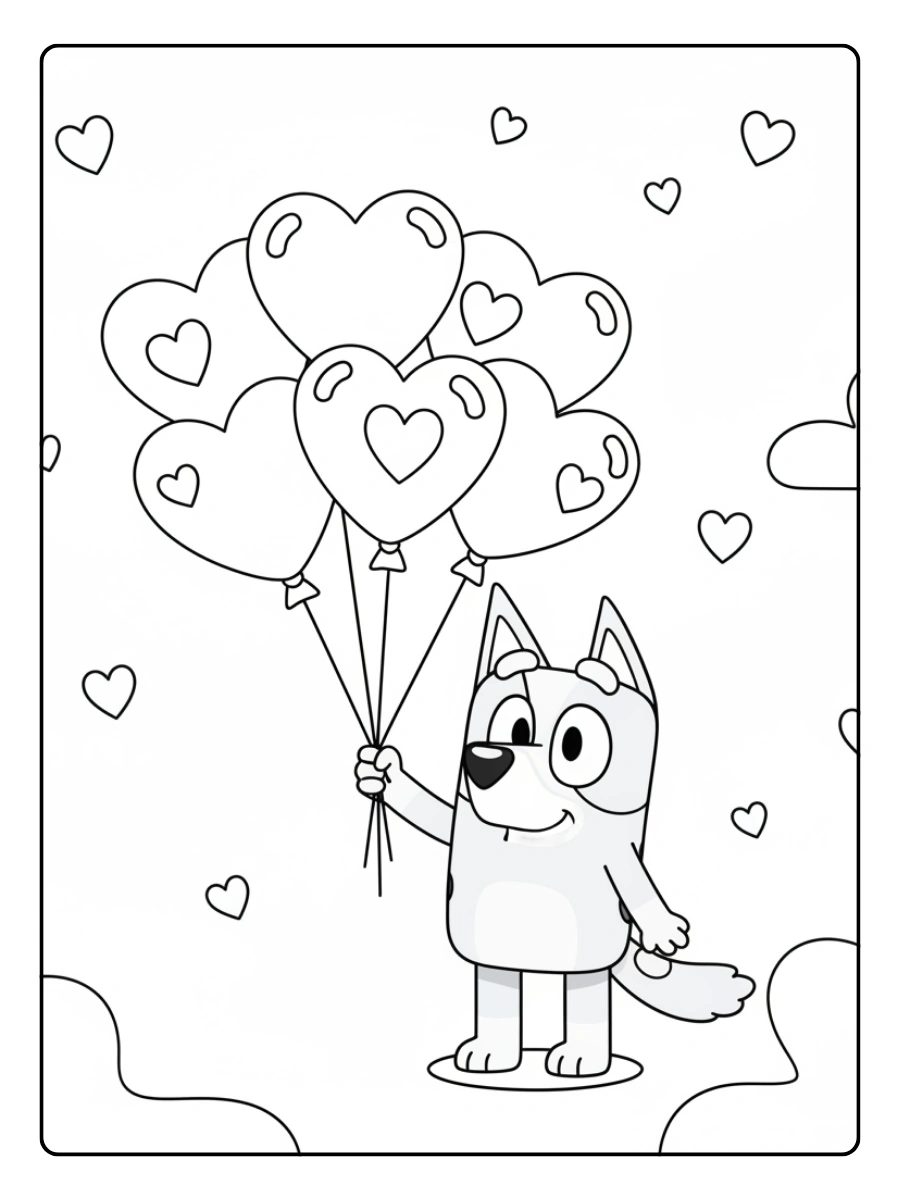 Bluey Valentines Coloring Pages – Bluey with Love Balloons
