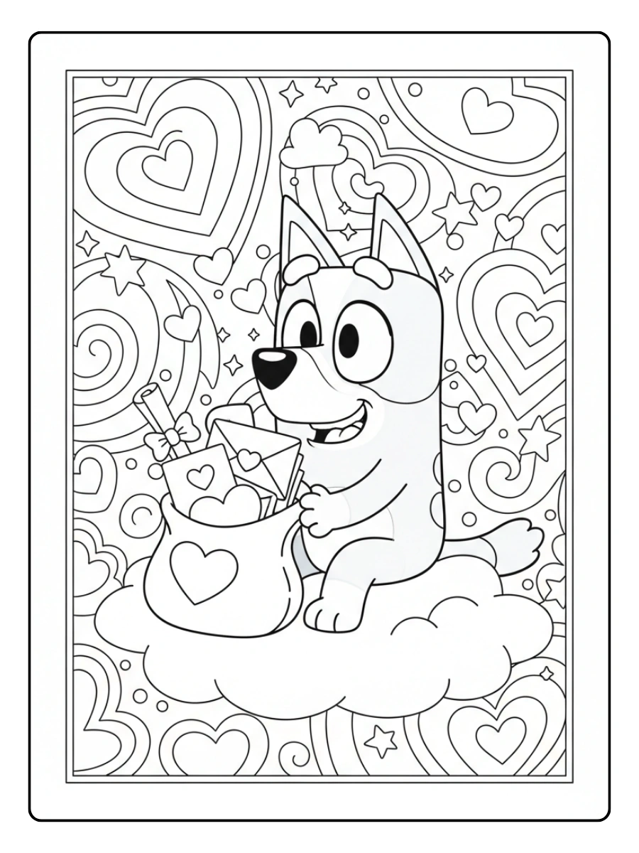 Bluey Valentines Coloring Pages – Bluey with Love Letters