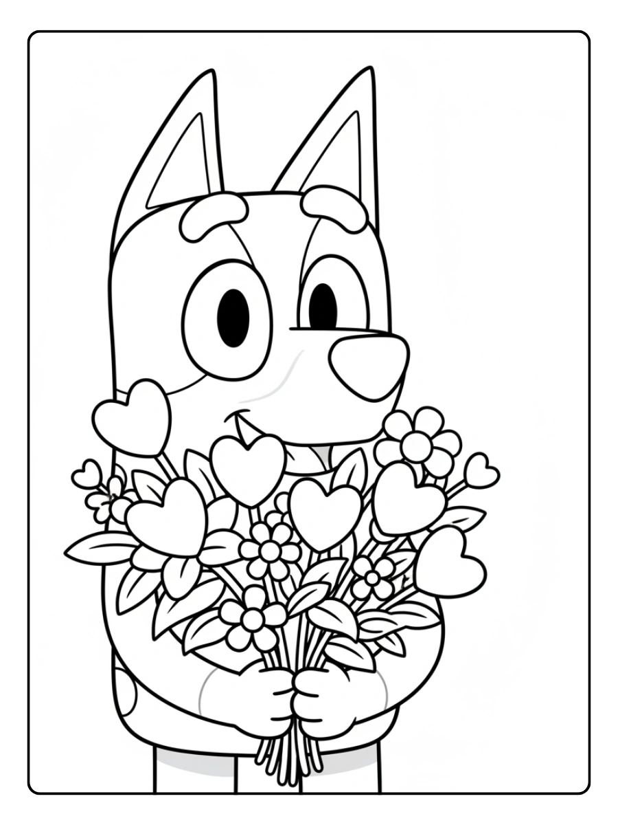 Bluey Valentines Coloring Pages – Bluey with Valentine Flowers