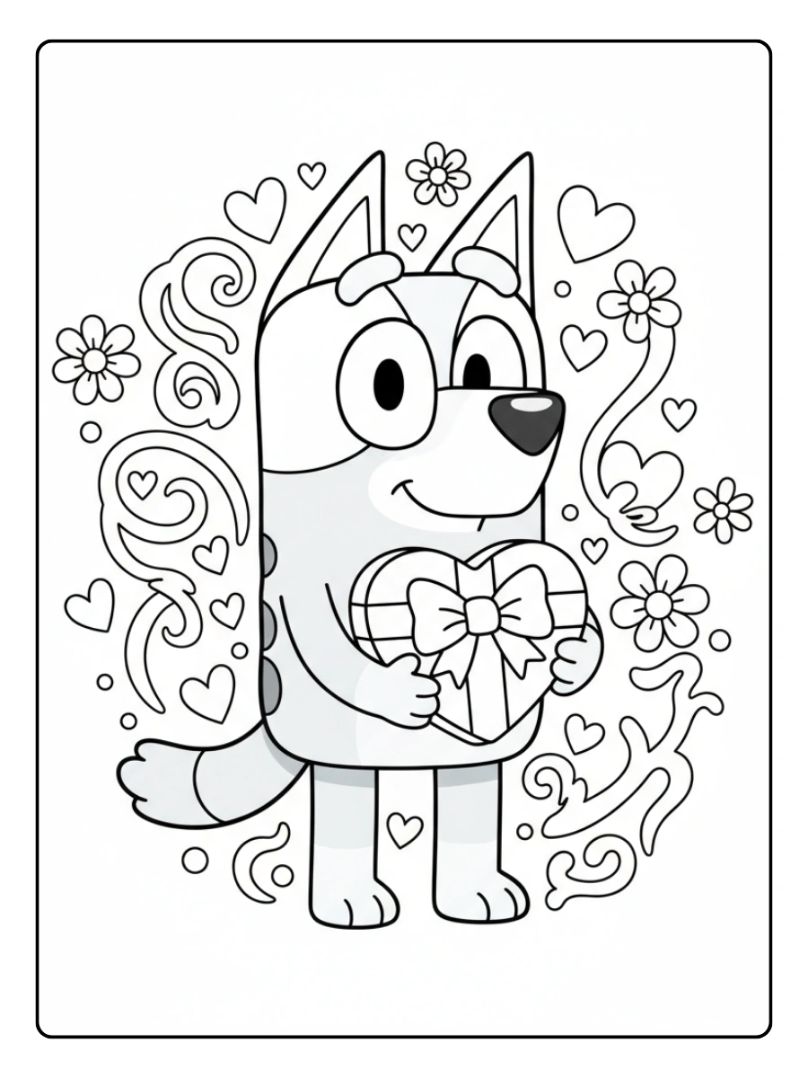 Bluey Valentines Coloring Pages – Bluey with Valentine Gift