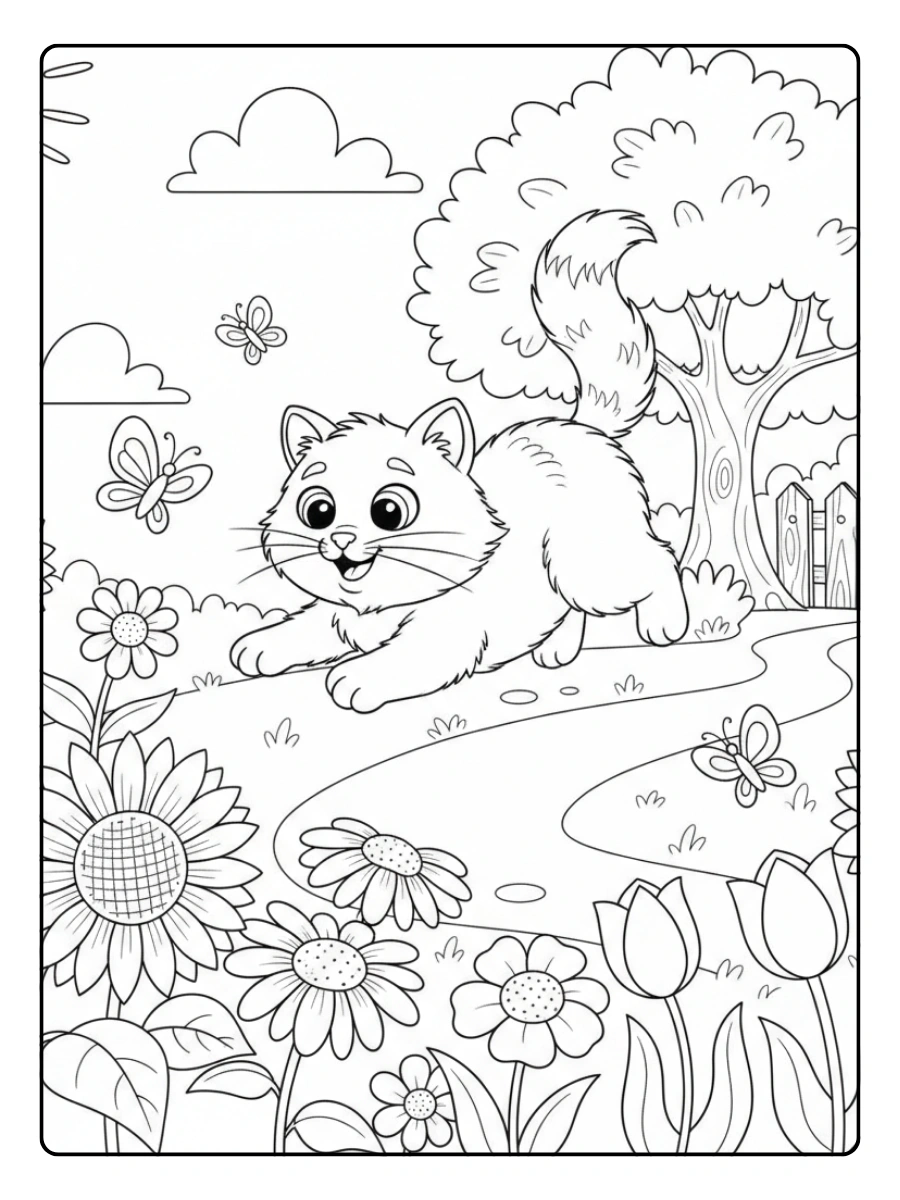 Cat Coloring Pages – Cat Playing in the Garden
