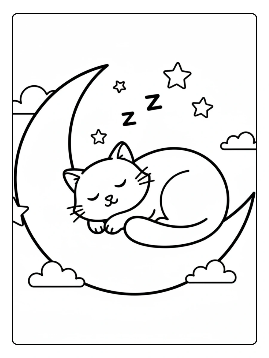 Cat Coloring Pages – Cat Sleeping on the Moon