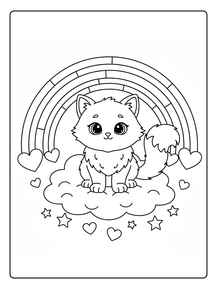 Cat Coloring Pages – Cute Cat with Rainbow