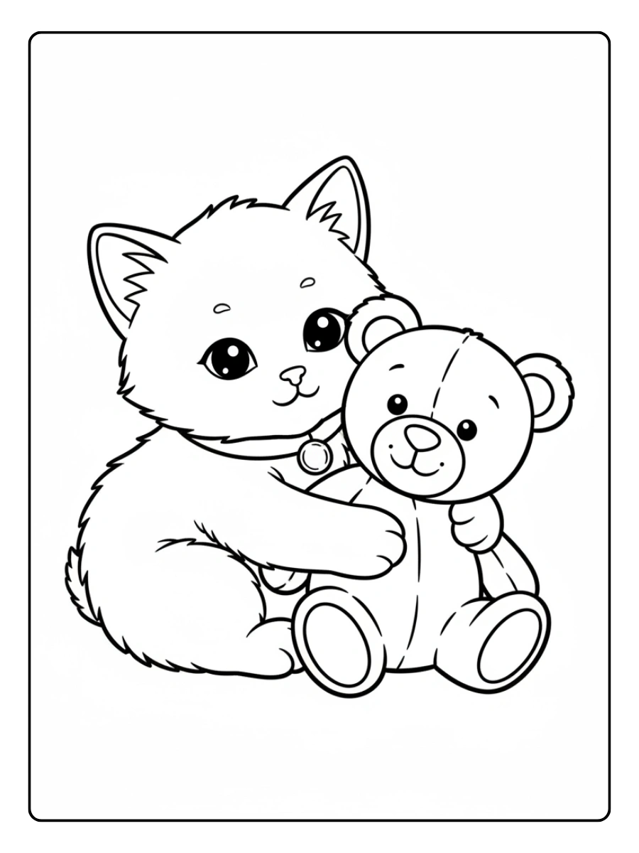 Cat Coloring Pages – Kitten Hugging a Teddy Bear