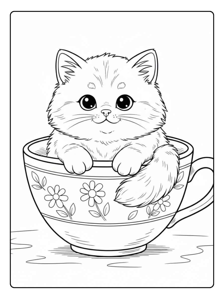 Cat Coloring Pages – Kitten Sitting in a Cup