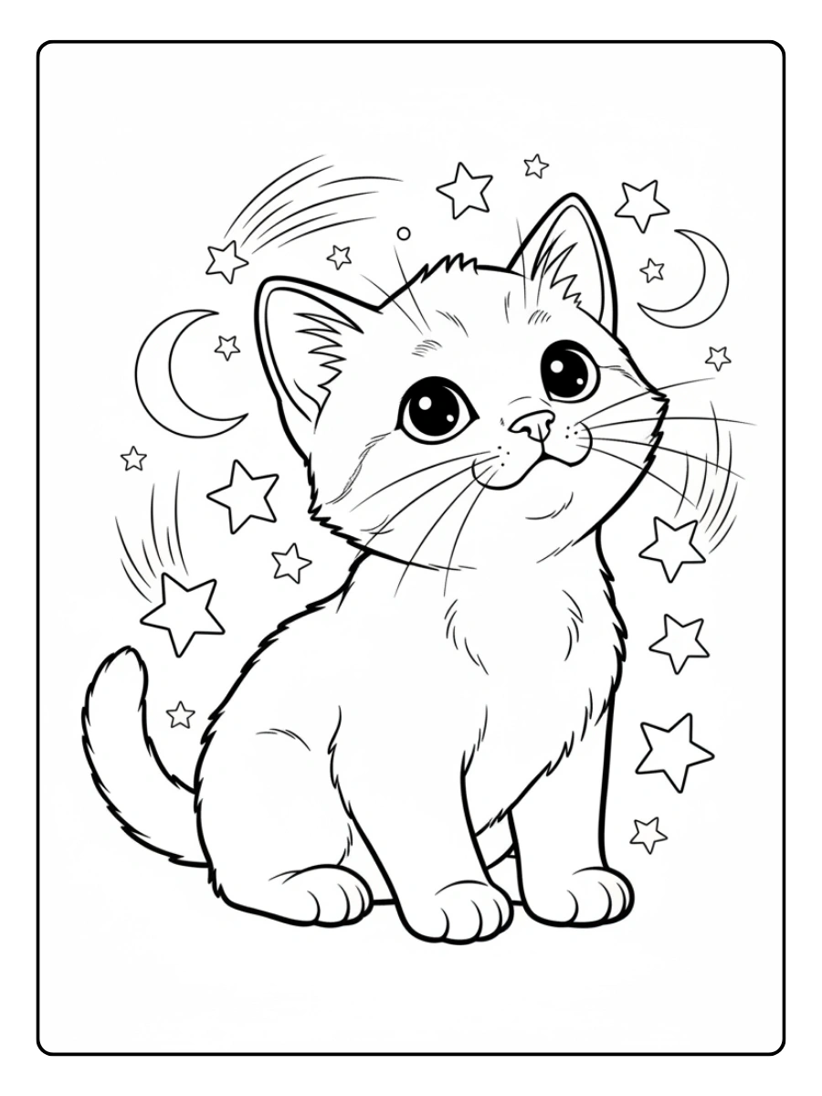 Cat Coloring Pages – Kitten with Star Background