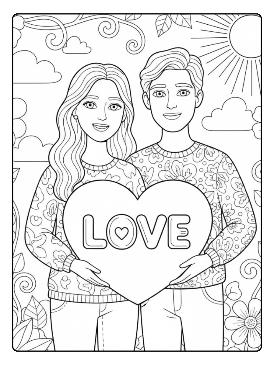 Couple Coloring Pages – Couple Holding Love Sign