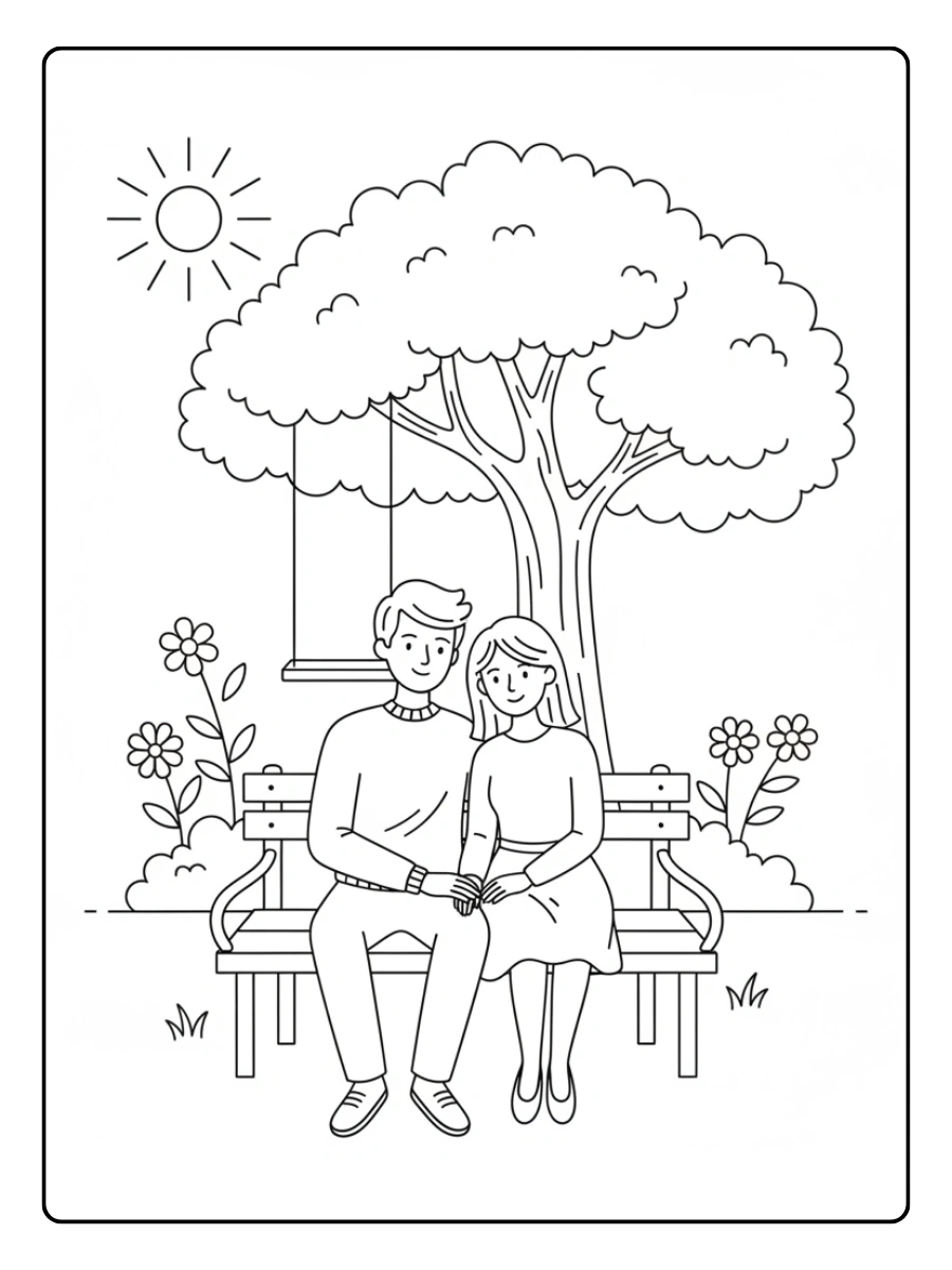 Couple Coloring Pages – Couple Sitting on Bench