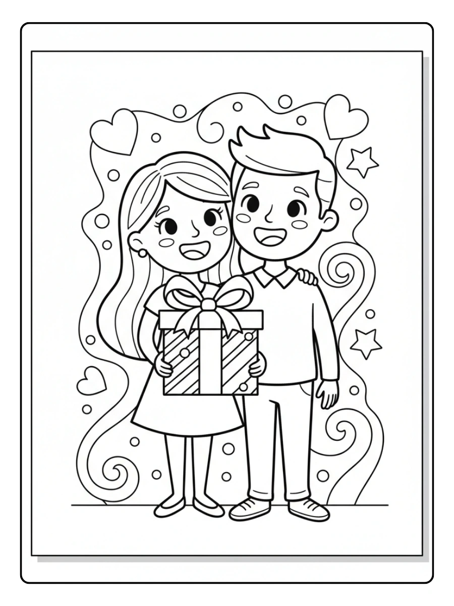 Couple Coloring Pages – Couple with Gift Box