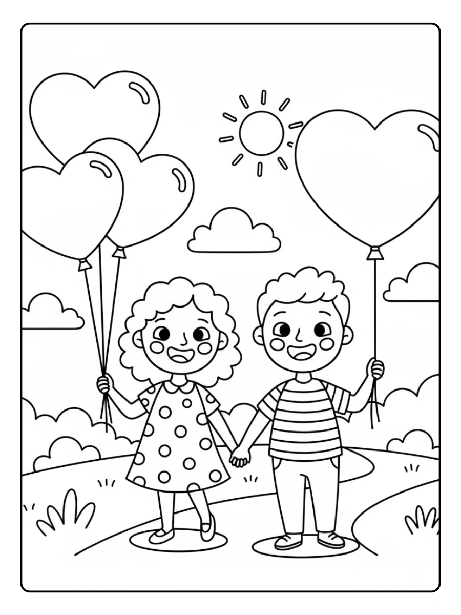 Couple Coloring Pages – Couple with Heart Balloons