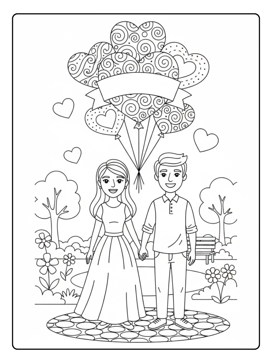 Couple Coloring Pages – Couple with Love Balloons