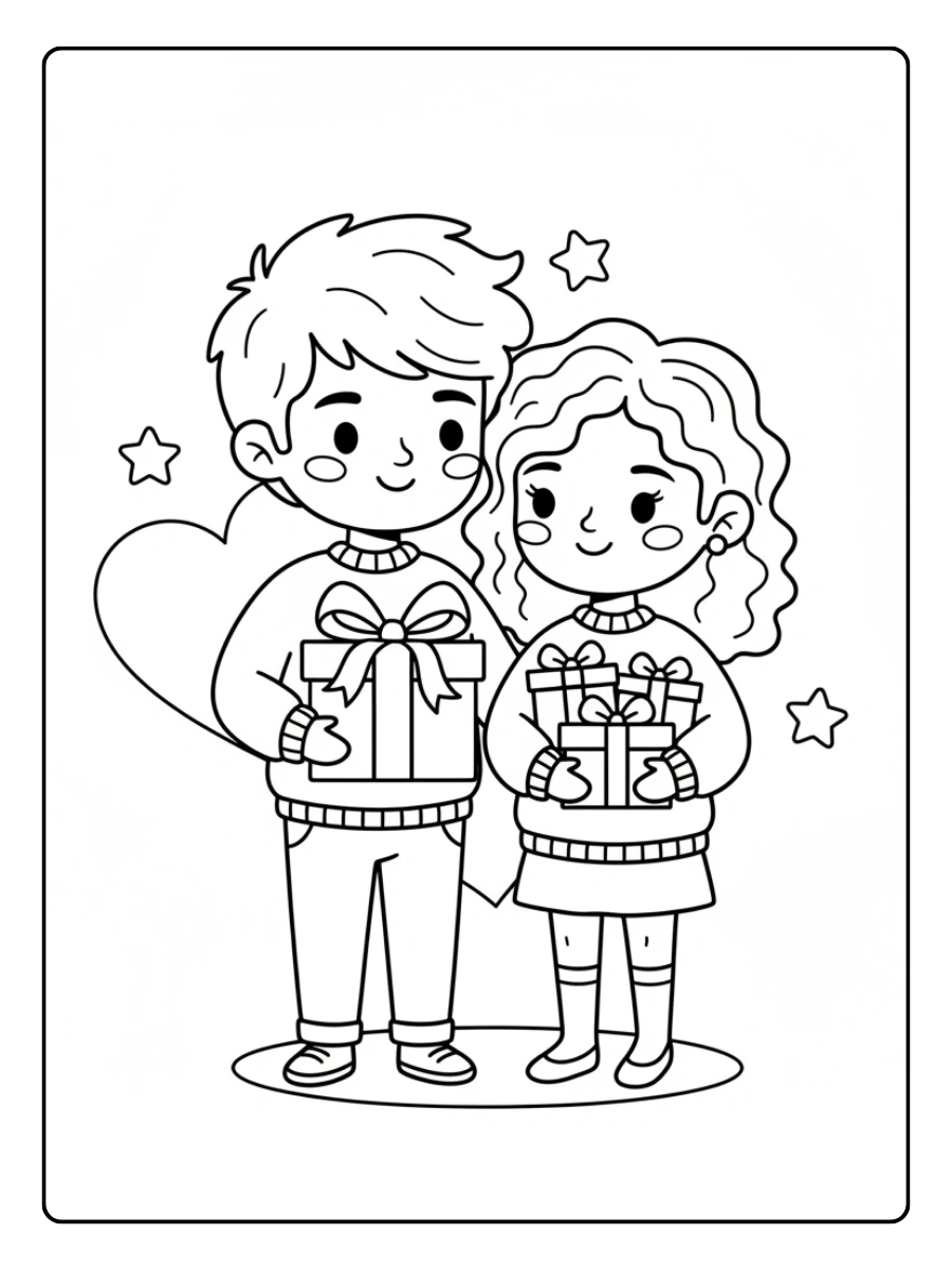 Couple Coloring Pages – Cute Couple Holding Gifts