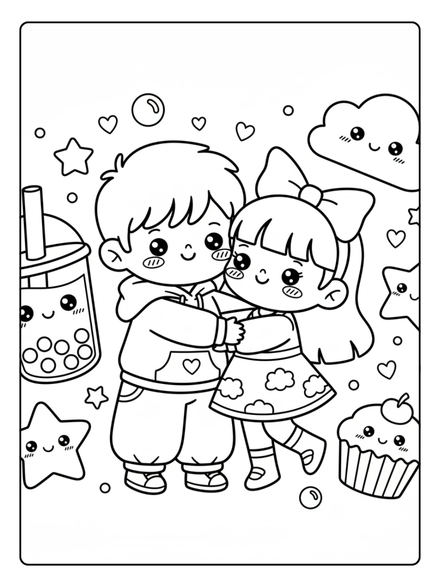 Couple Coloring Pages – Cute Couple Kawaii Style