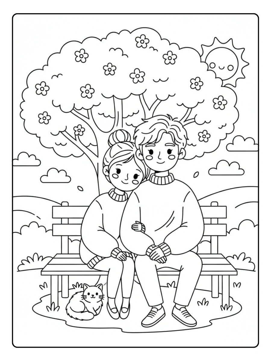 Couple Coloring Pages – Cute Couple Sitting Together