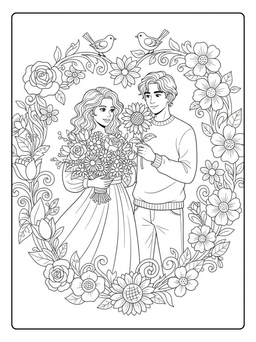 Couple Coloring Pages – Cute Couple with Flowers
