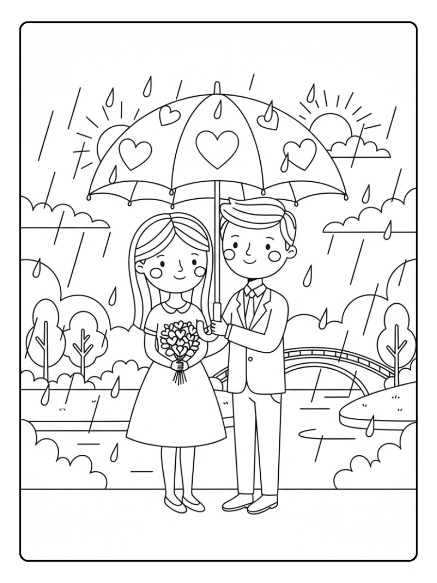 Couple Coloring Pages – Romantic Couple Under Umbrella