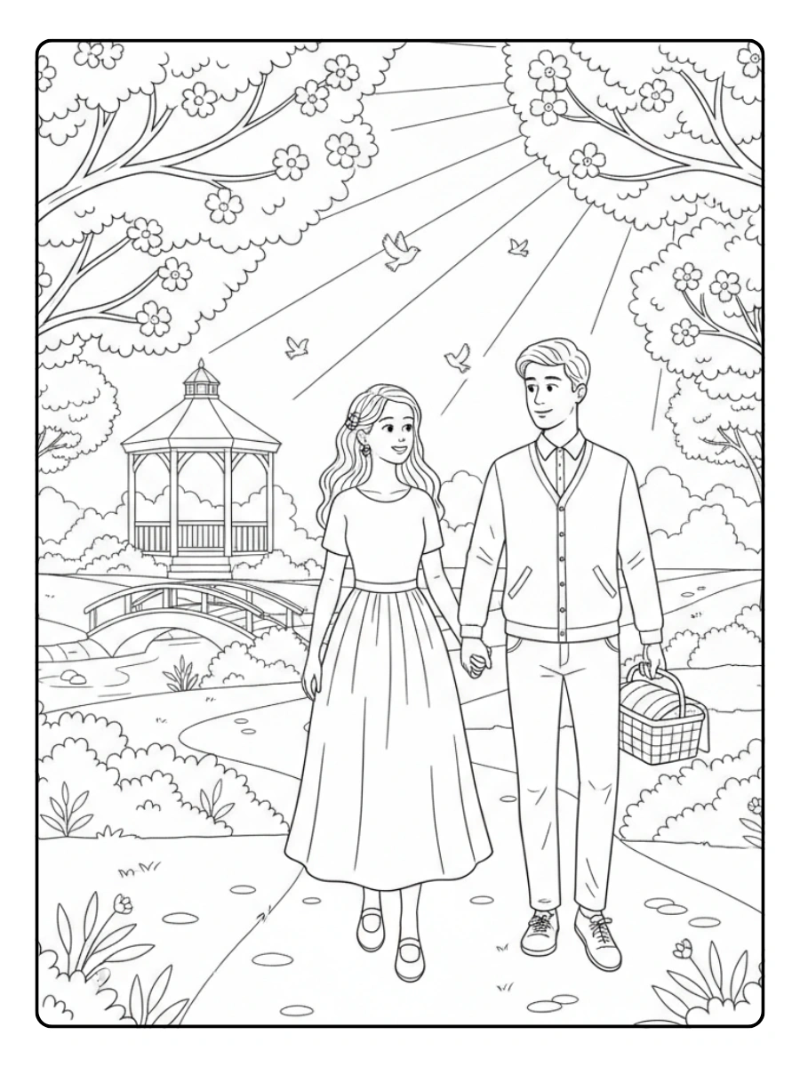 Couple Coloring Pages – Romantic Couple Walking in Park