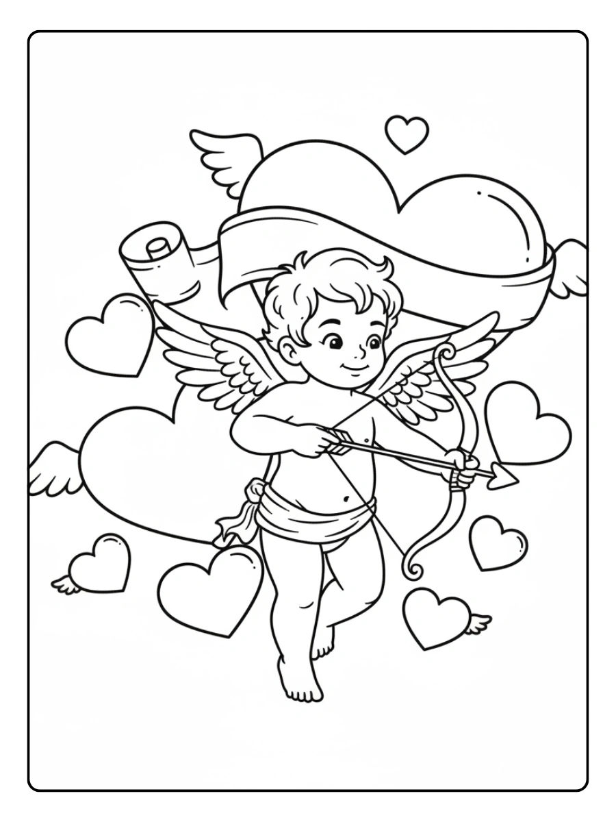 Cupid Coloring Pages – Cupid and Hearts