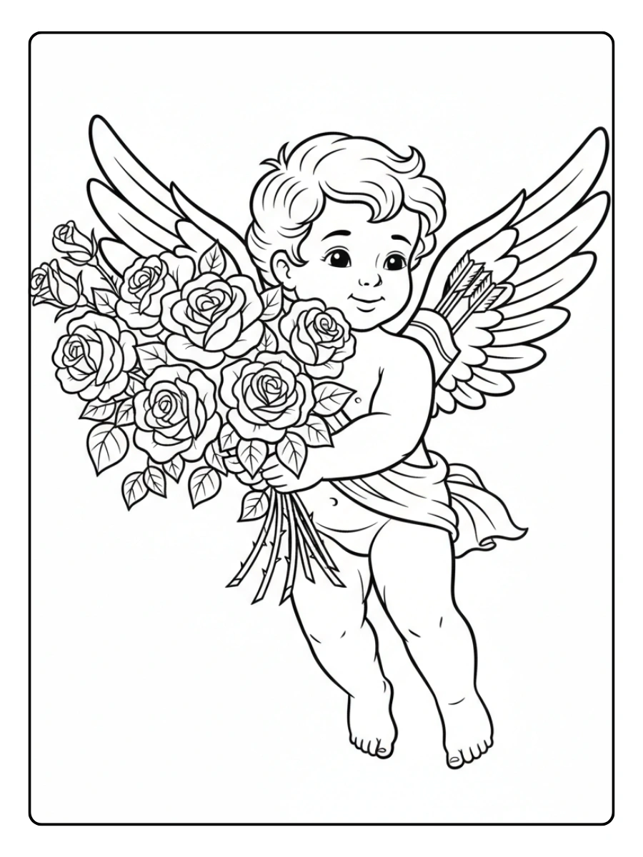 Cupid Coloring Pages – Cupid with Roses