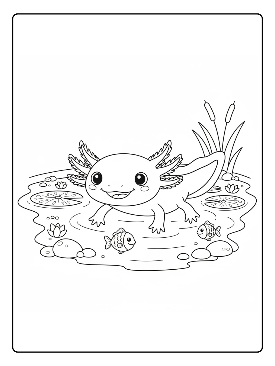 Cute Axolotl Coloring Pages – Axolotl in a Pond