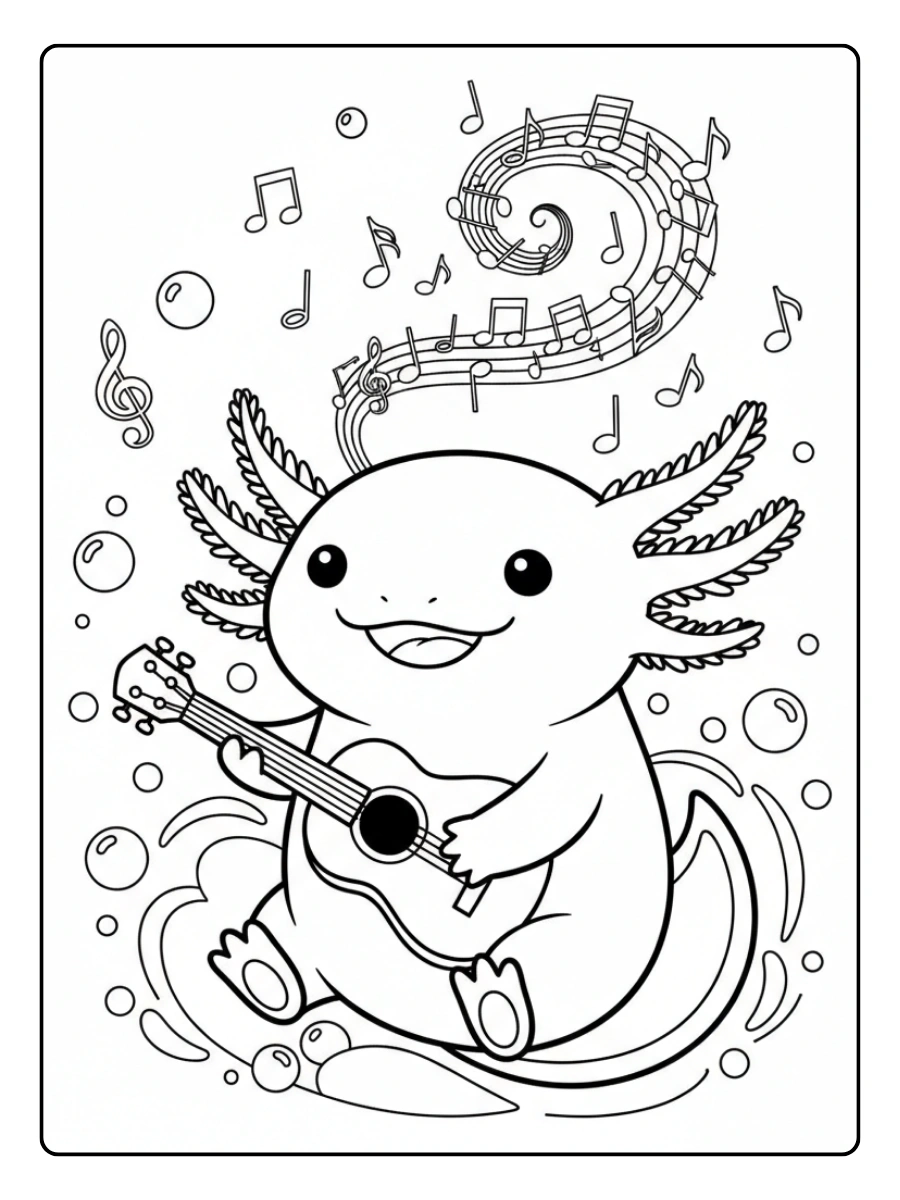Cute Axolotl Coloring Pages – Axolotl with Music Notes