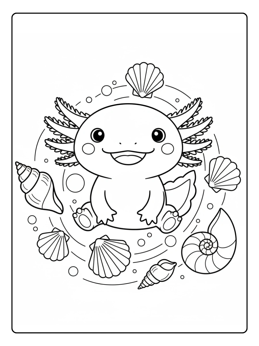 Cute Axolotl Coloring Pages – Axolotl with Shells
