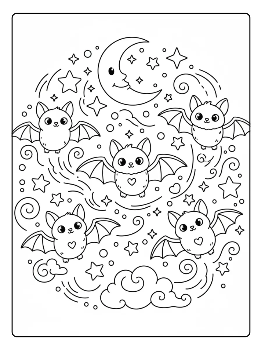 Cute Bat Coloring Pages – Cute Bat Starry Night