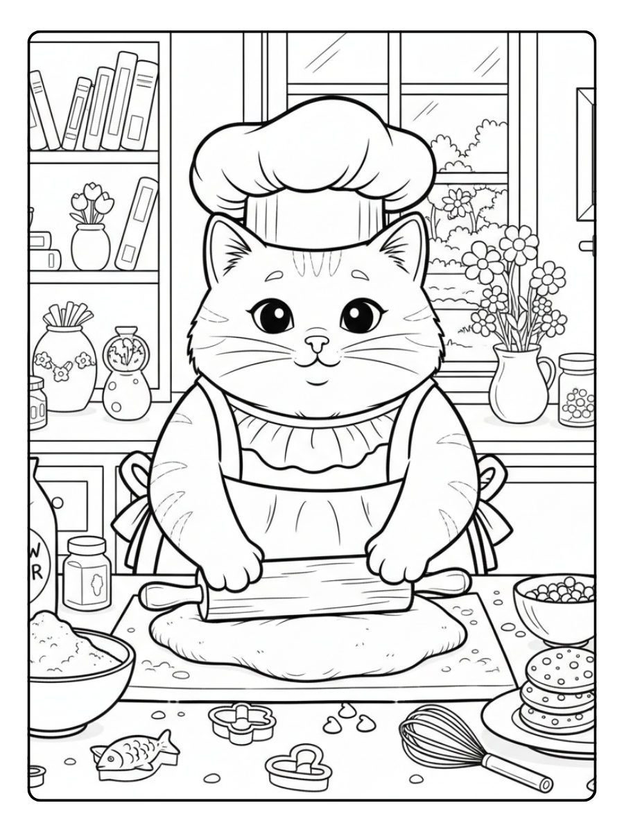 Cute Cat Coloring Pages – Cute Cat Baking Cookies