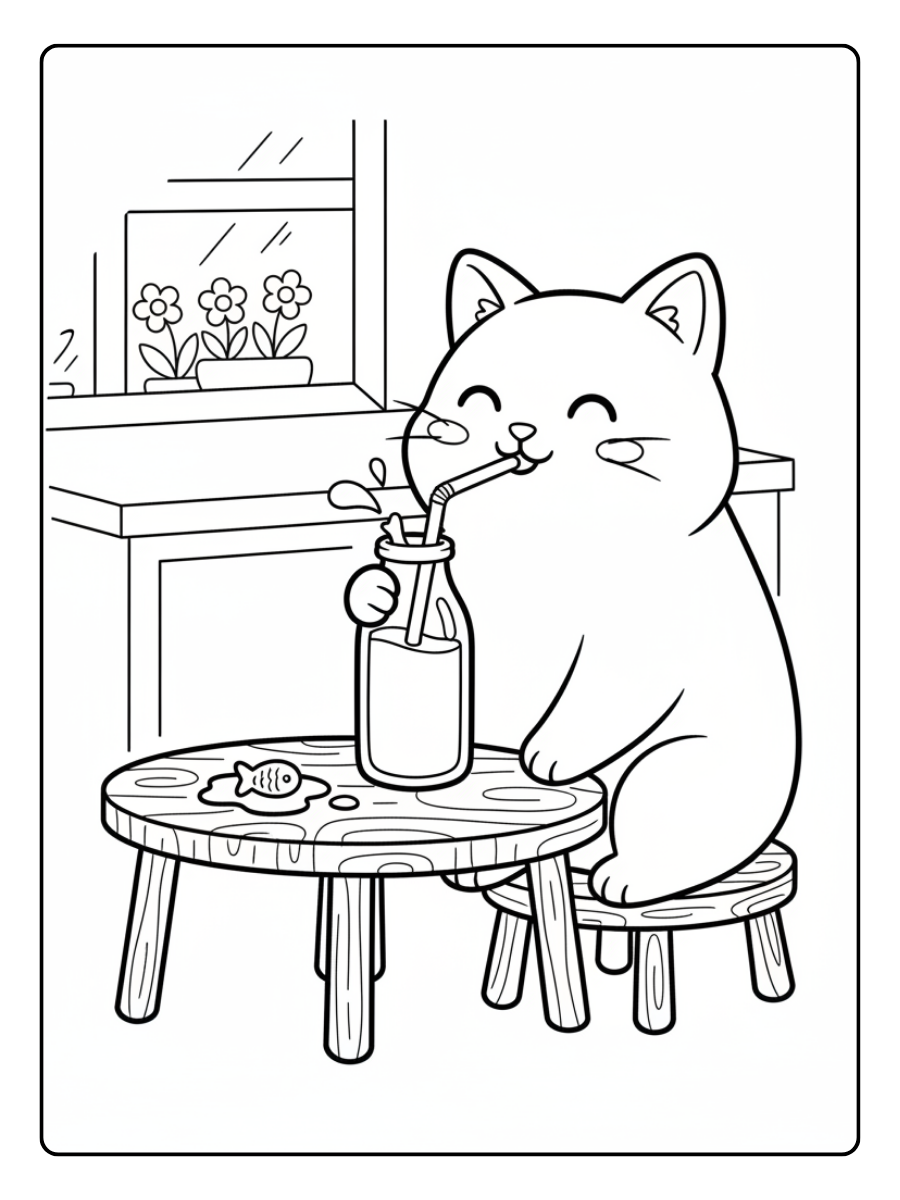 Cute Cat Coloring Pages – Cute Cat Drinking Milk
