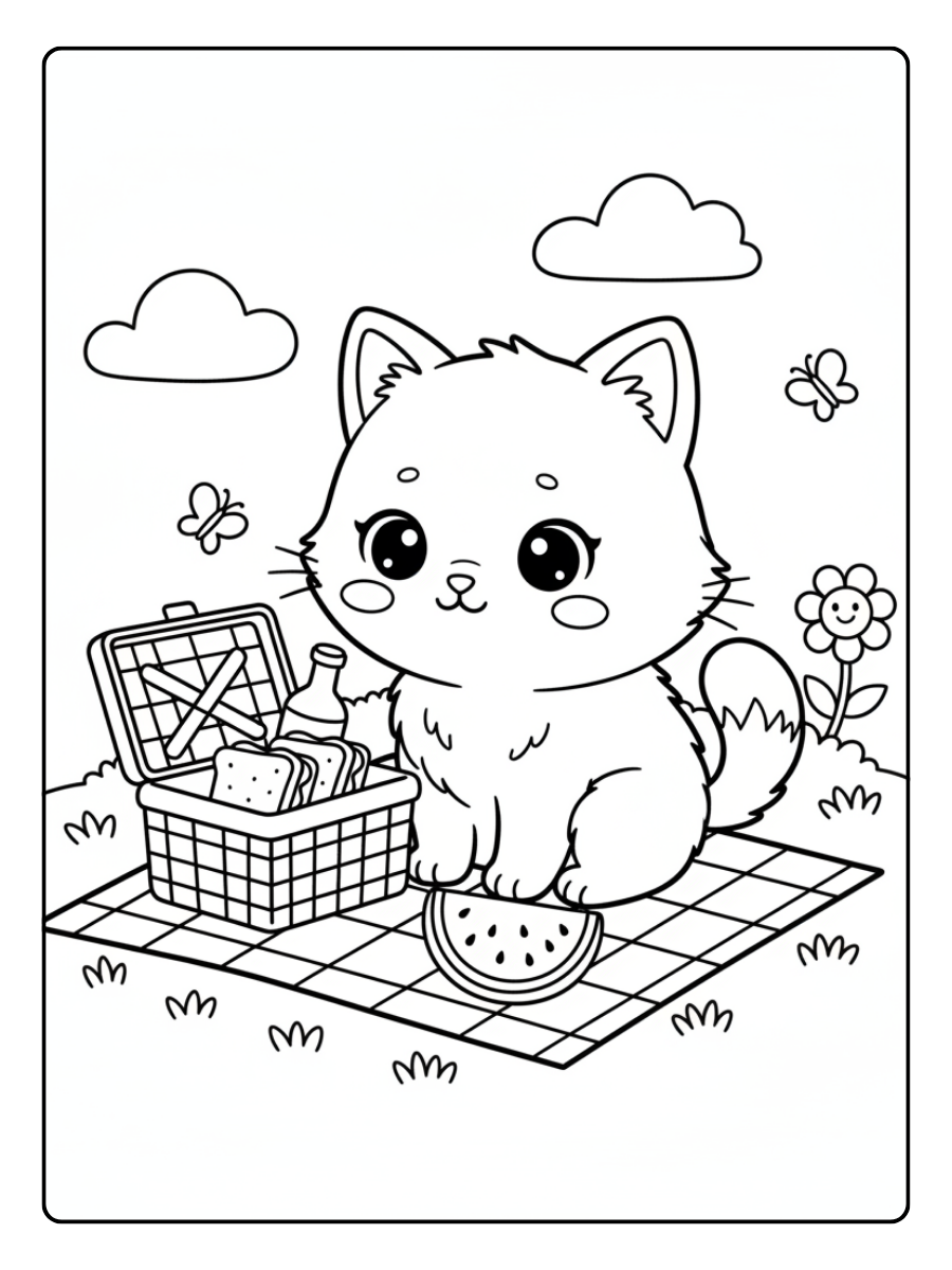 Cute Cat Coloring Pages – Cute Cat Picnic