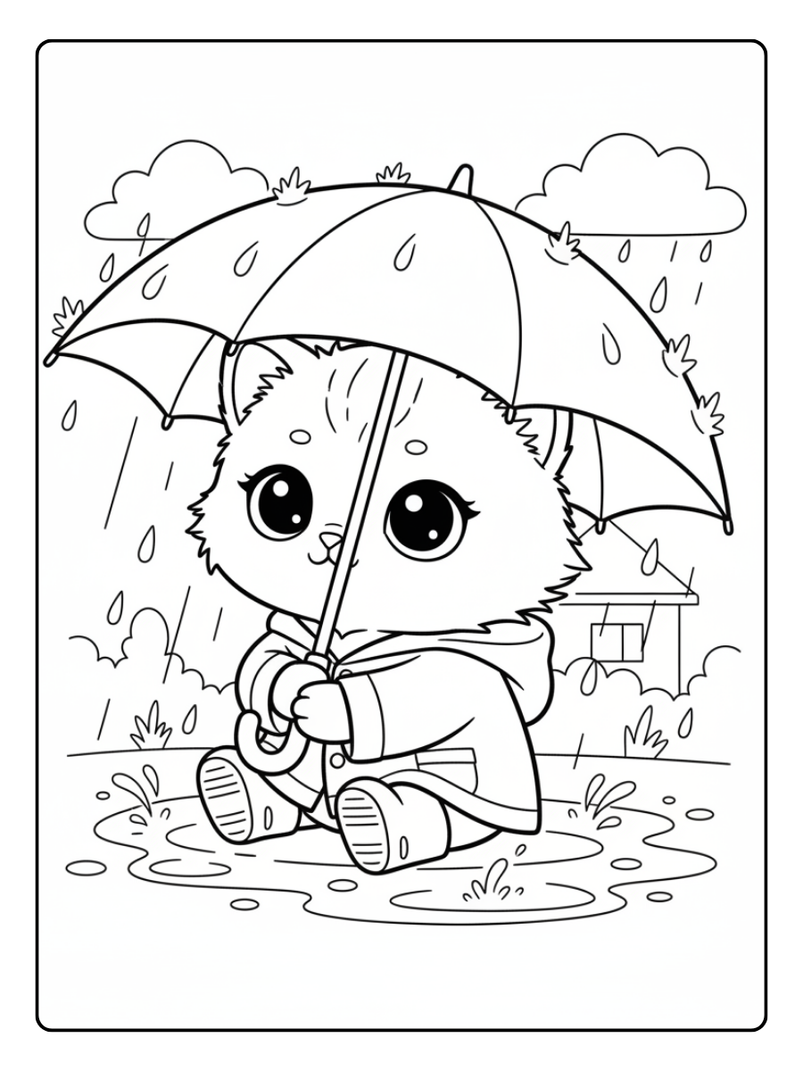 Cute Cat Coloring Pages – Cute Cat Rainy Day