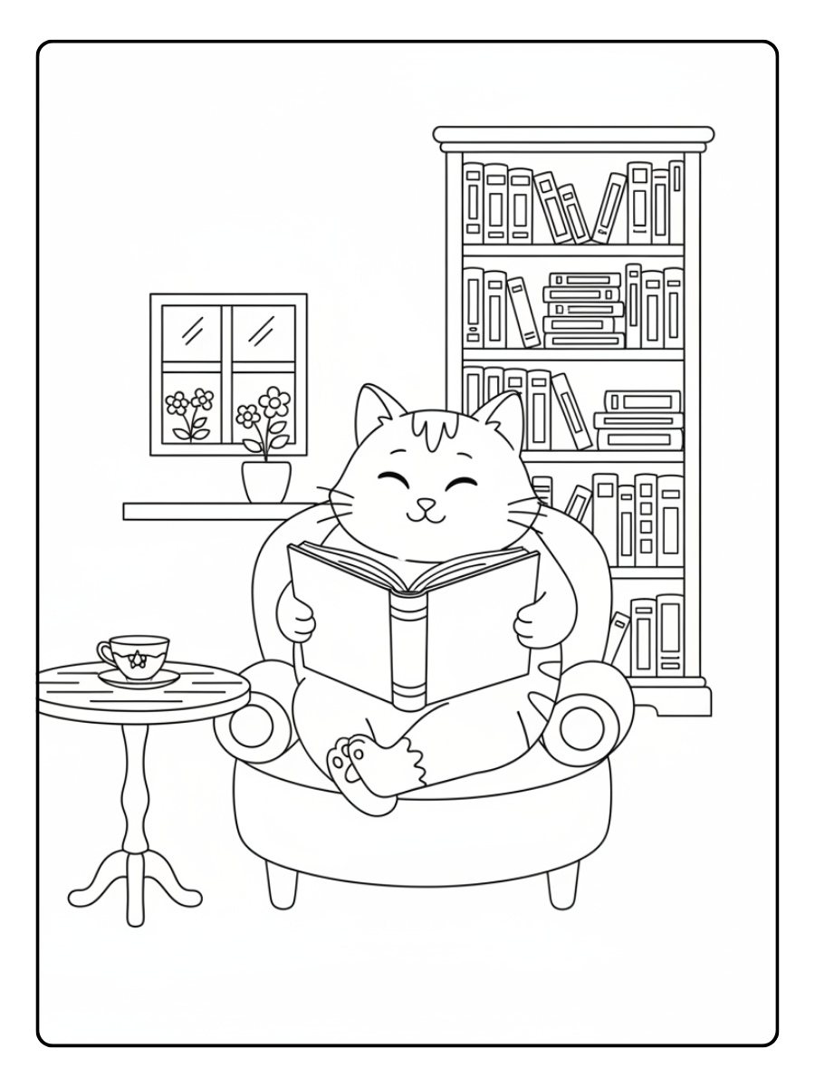Cute Cat Coloring Pages – Cute Cat Reading Book