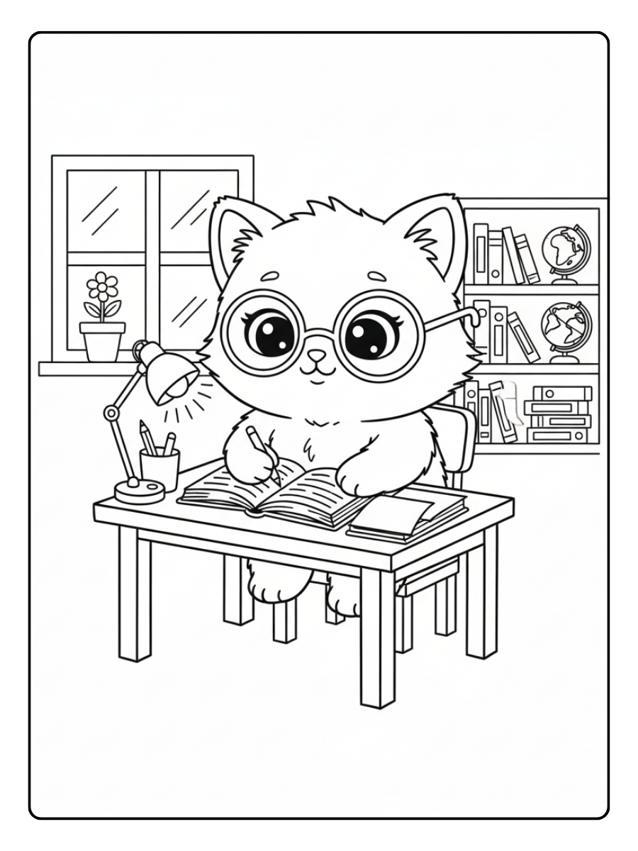 Cute Cat Coloring Pages – Cute Kitty Studying