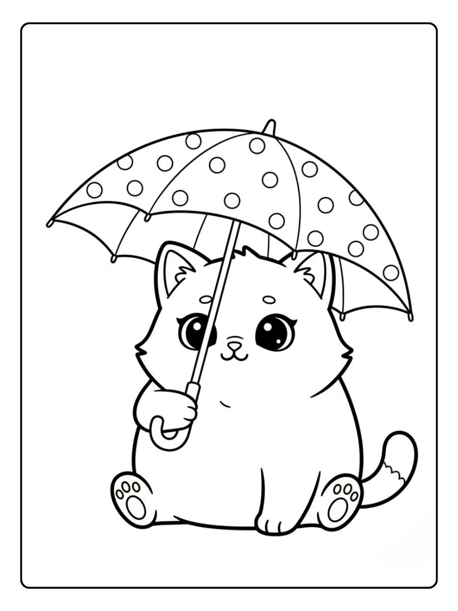 Cute Cat Coloring Pages – Cute Kitty with Umbrella
