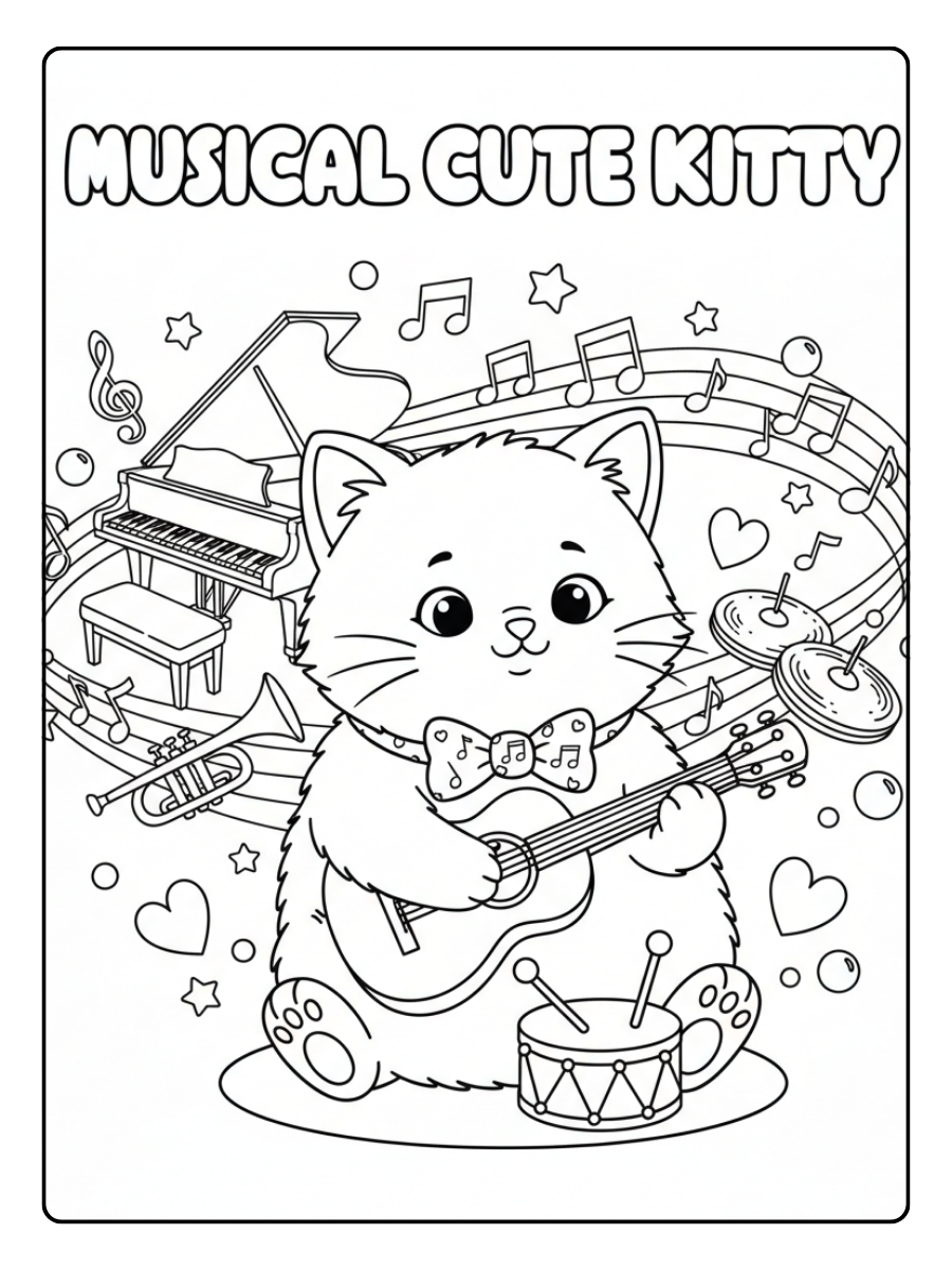 Cute Cat Coloring Pages – Musical Cute Kitty