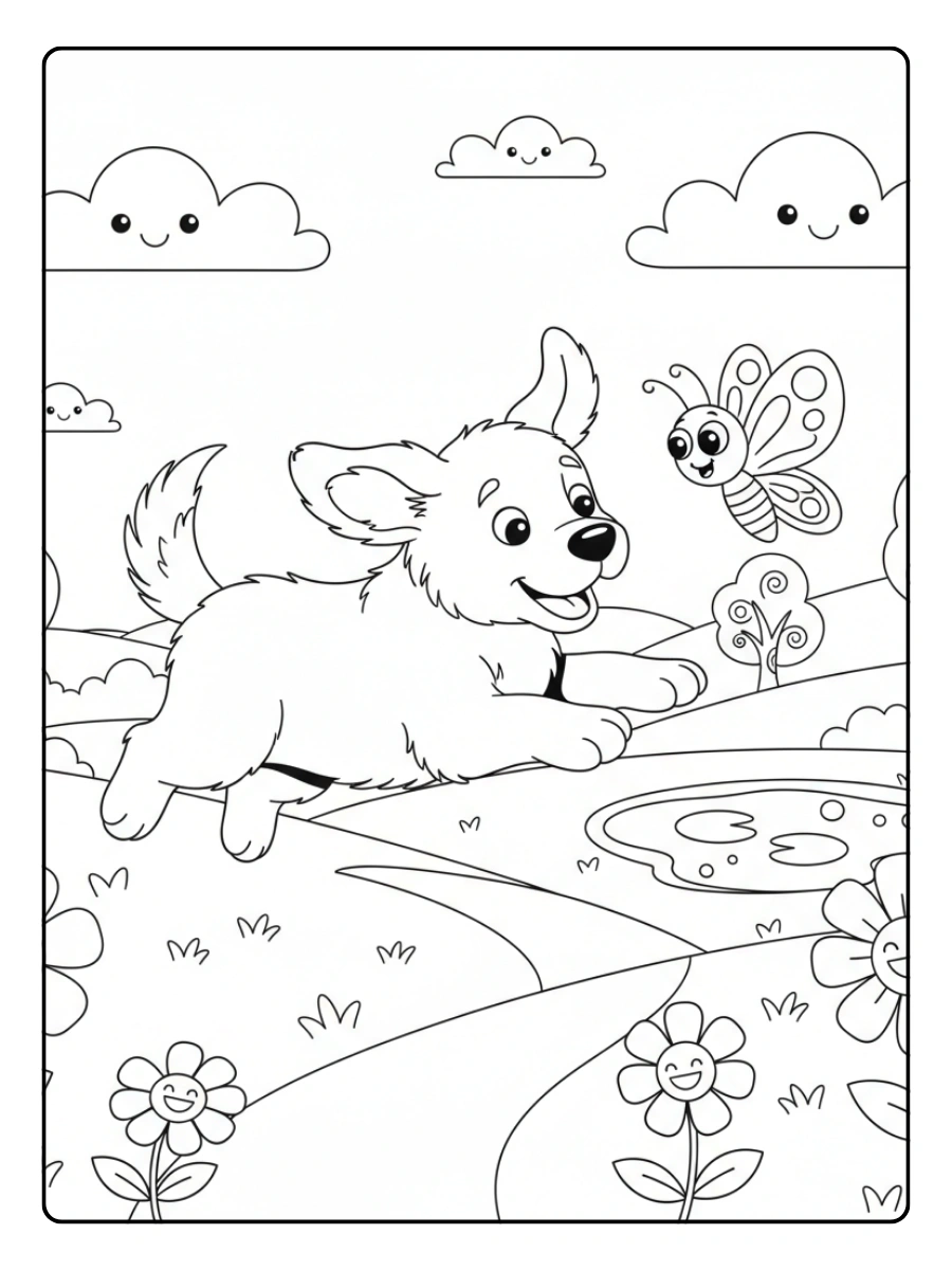 Cute Dog Coloring Pages – Puppy Playing in the Park Cute Dog Coloring Pages – Puppy Playing in the Park