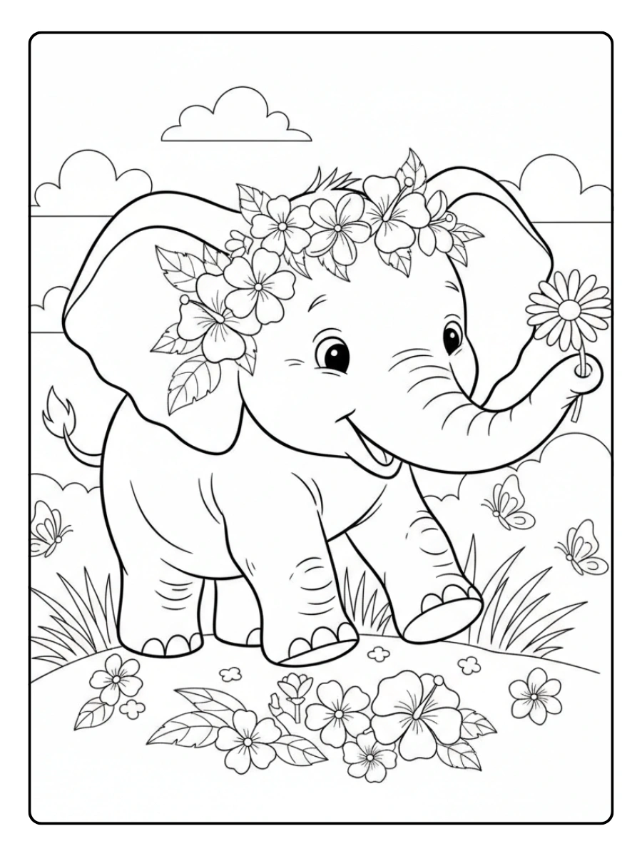 Cute Elephant Coloring Pages – Elephant with Flowers Cute Elephant Coloring Pages – Elephant with Flowers