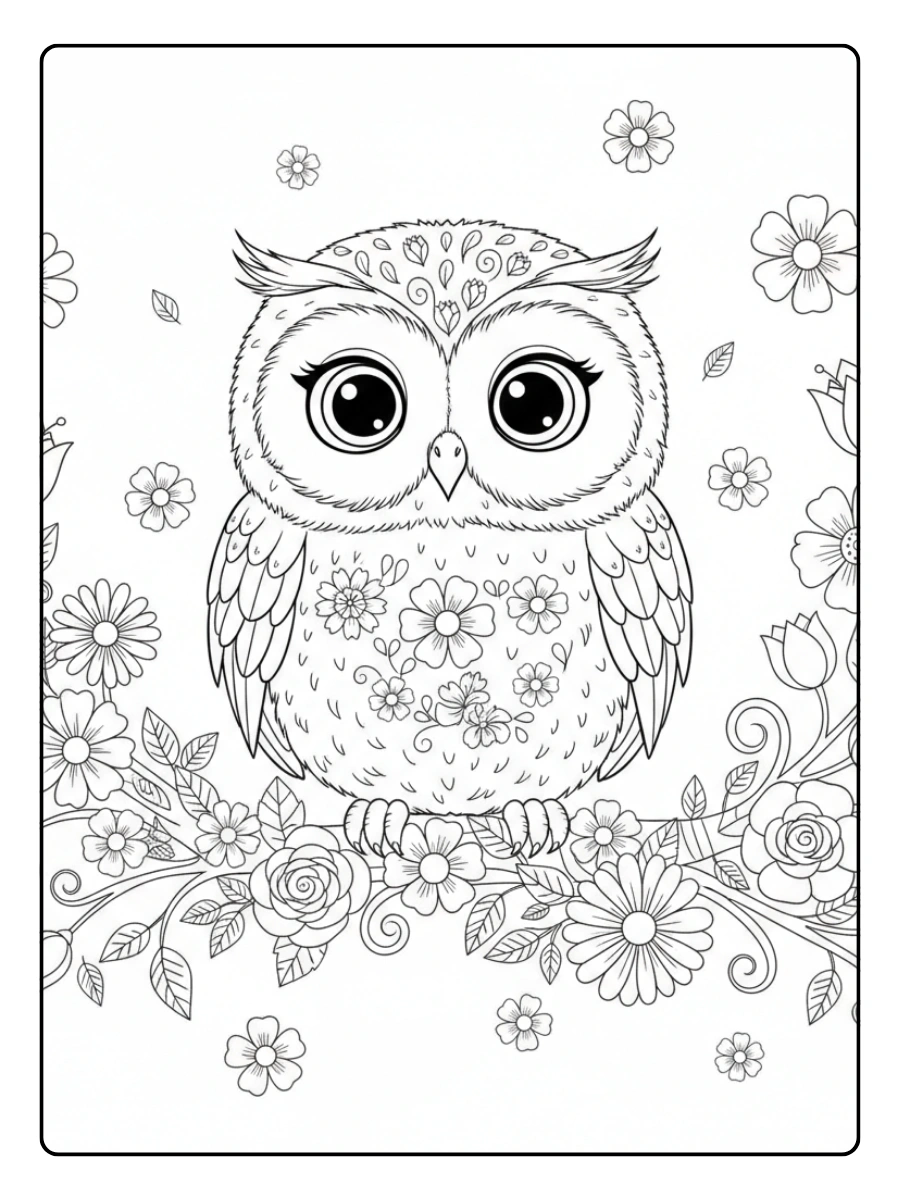 Cute Owl Coloring Pages – Owl with Flowers Cute Owl Coloring Pages – Owl with Flowers