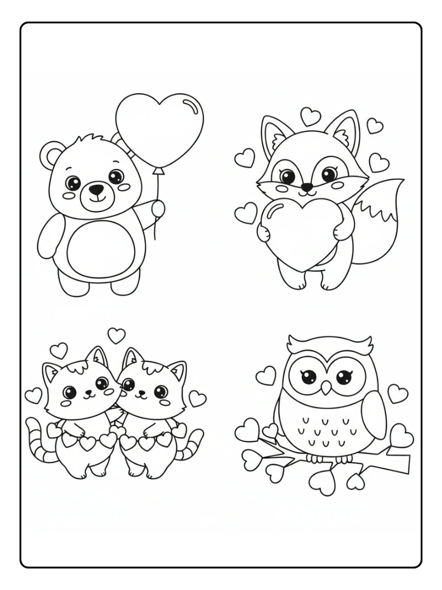 Cute Valentine Coloring Pages – Cute Characters with Hearts