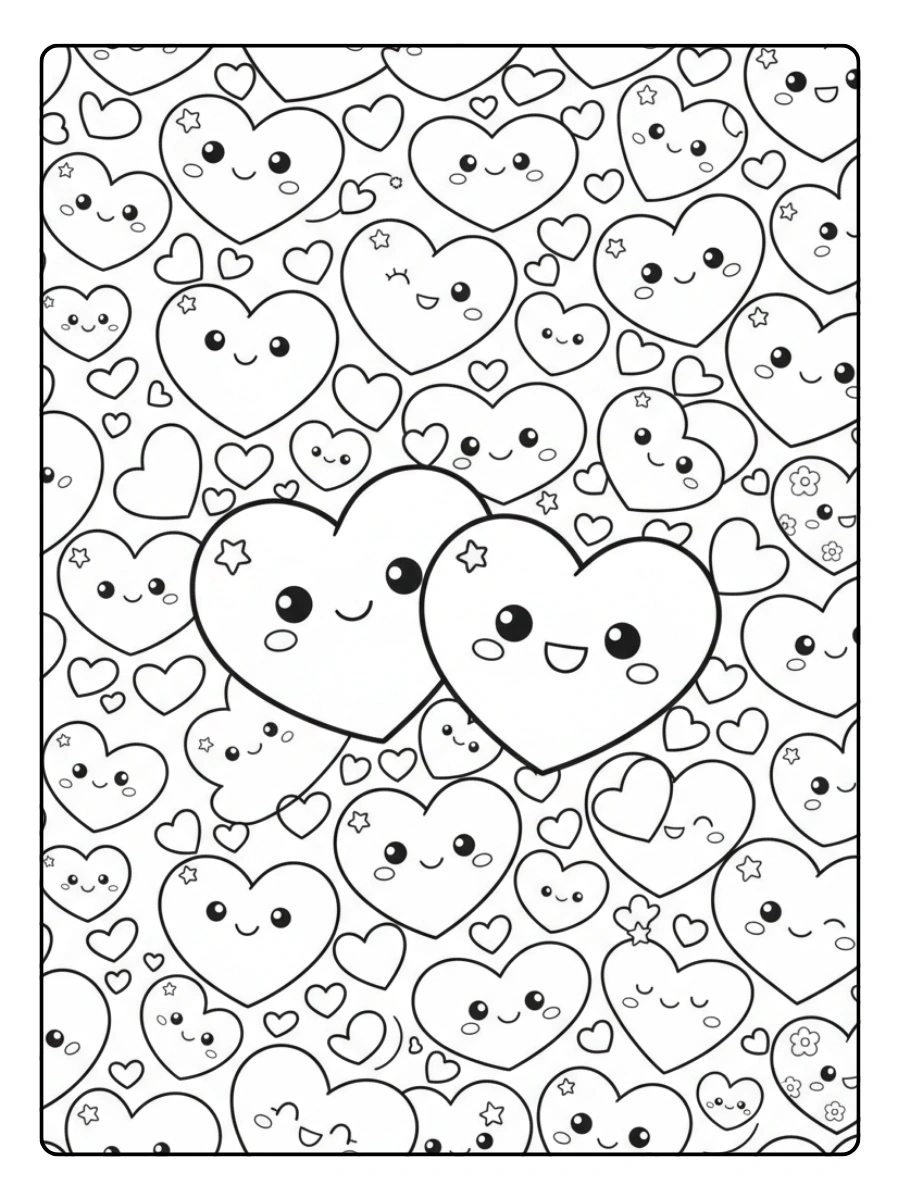 Cute Valentine Coloring Pages – Kawaii Hearts Background
