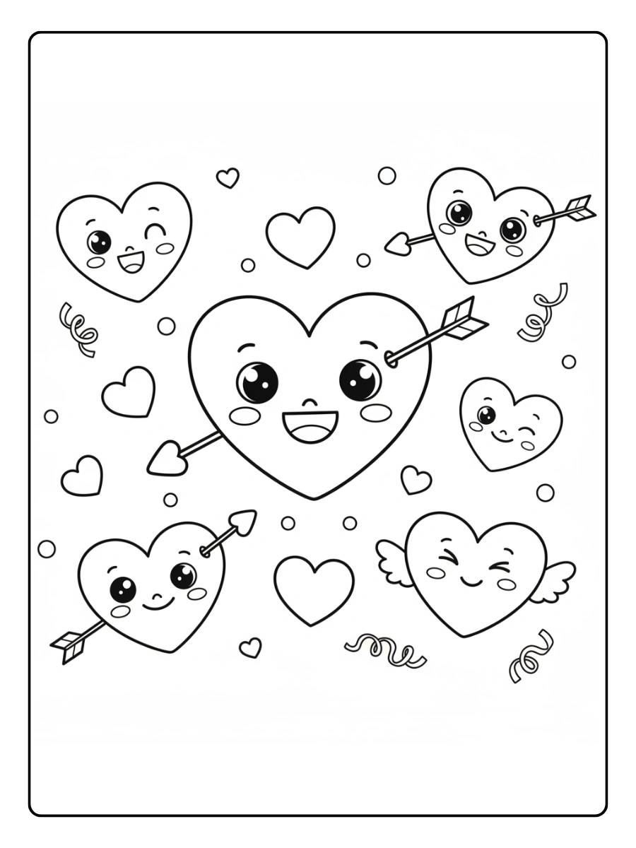 Cute Valentine Coloring Pages – Smiling Heart Faces