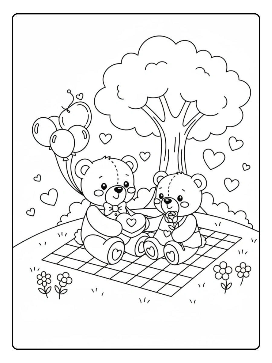 Cute Valentine Coloring Pages – Teddy Bear Love Scene