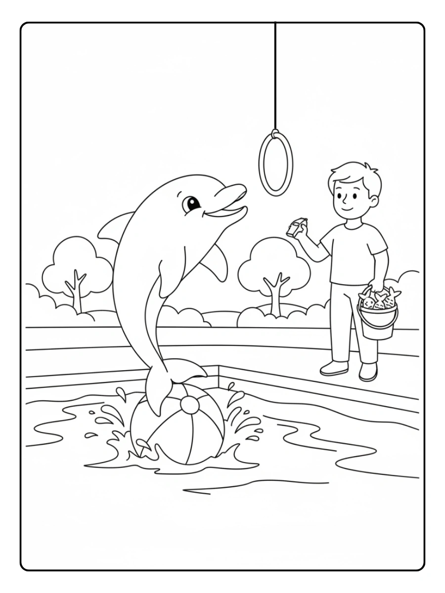 Dolphin Coloring Pages – Dolphin Training Scene
