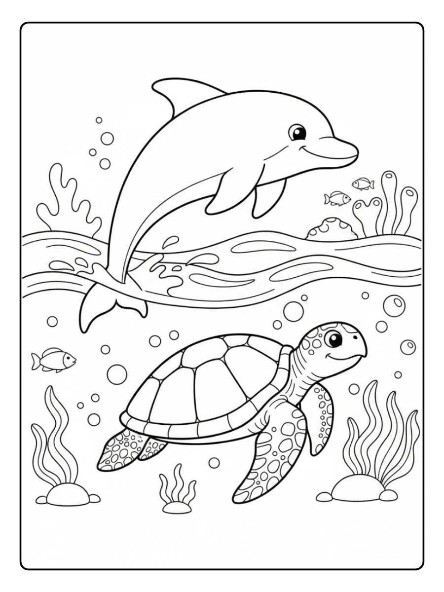 Dolphin Coloring Pages – Dolphin and Sea Turtle