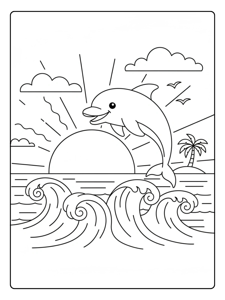 Dolphin Coloring Pages – Dolphin at Sunset