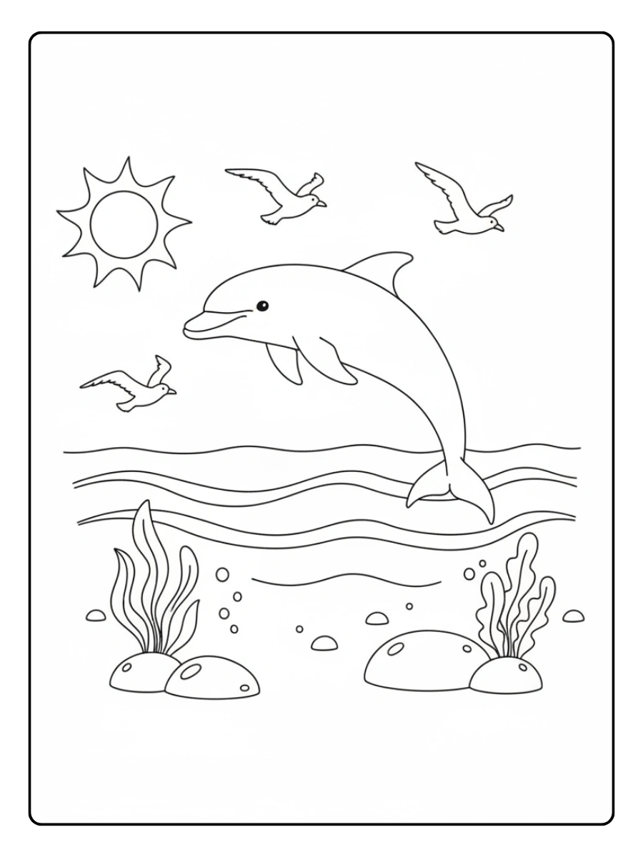 Dolphin Coloring Pages – Dolphin with Seagulls