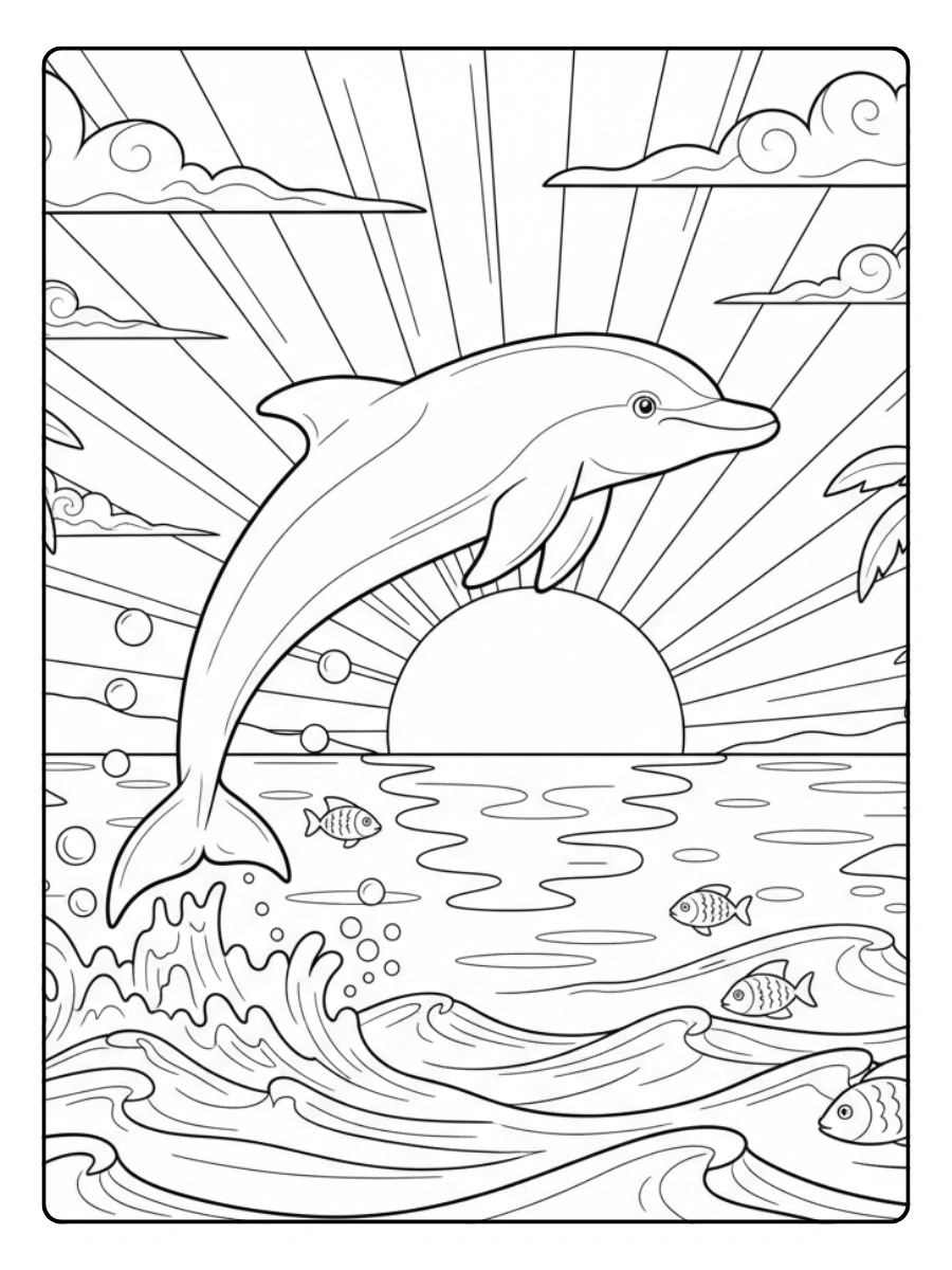 Dolphin Coloring Pages – Sunset Ocean Dolphin
