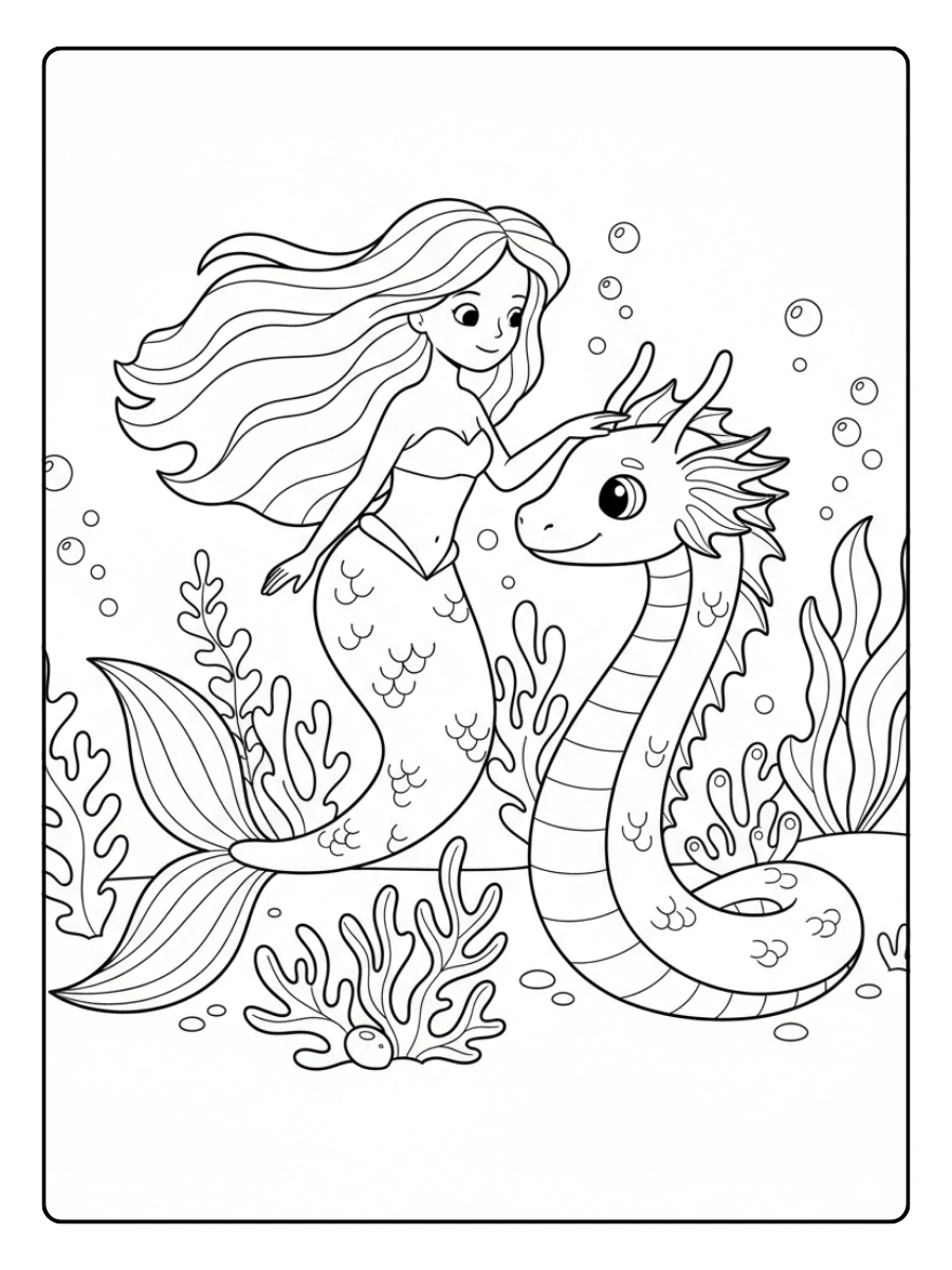 Fantasy Coloring Pages – Mermaid and Sea Dragon