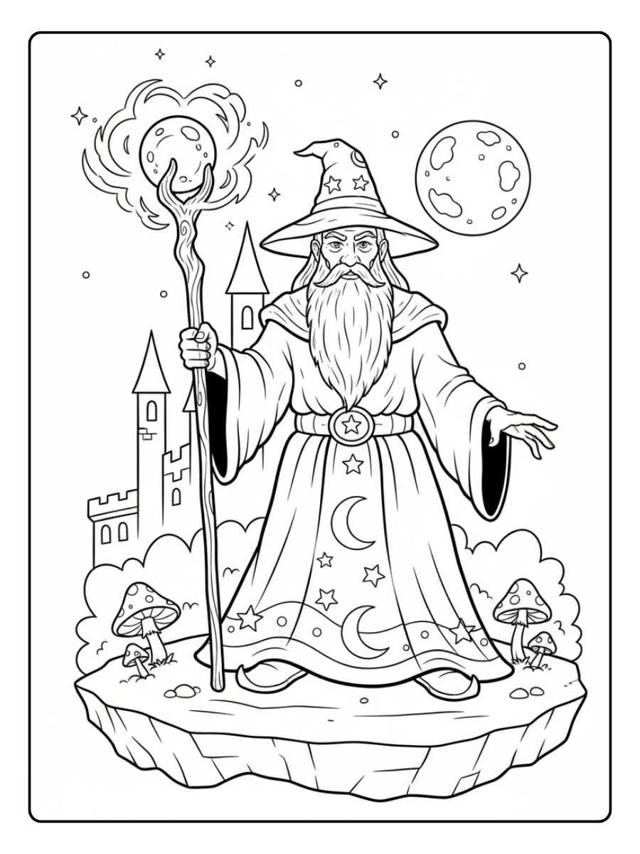 Fantasy Coloring Pages – Wizard with Magic Staff