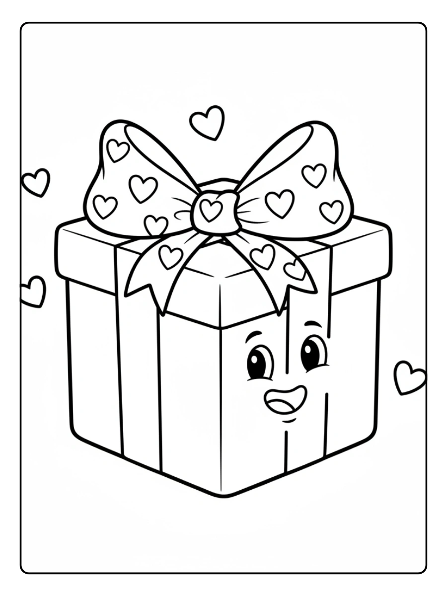 Gift Box Valentine Coloring Pages – Cute Gift Box Smiling